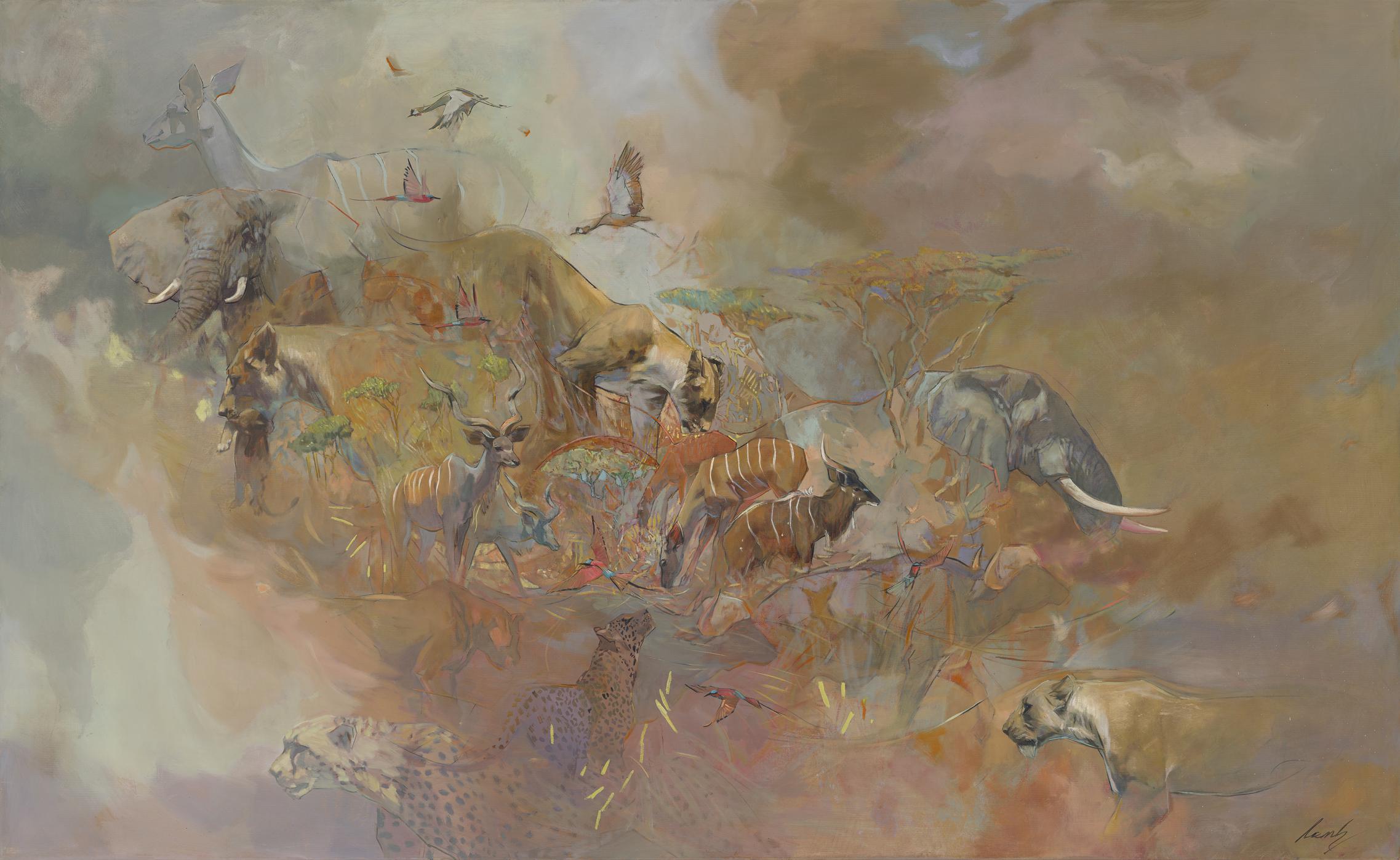 Wide watercolour painting of an African wildlife scene